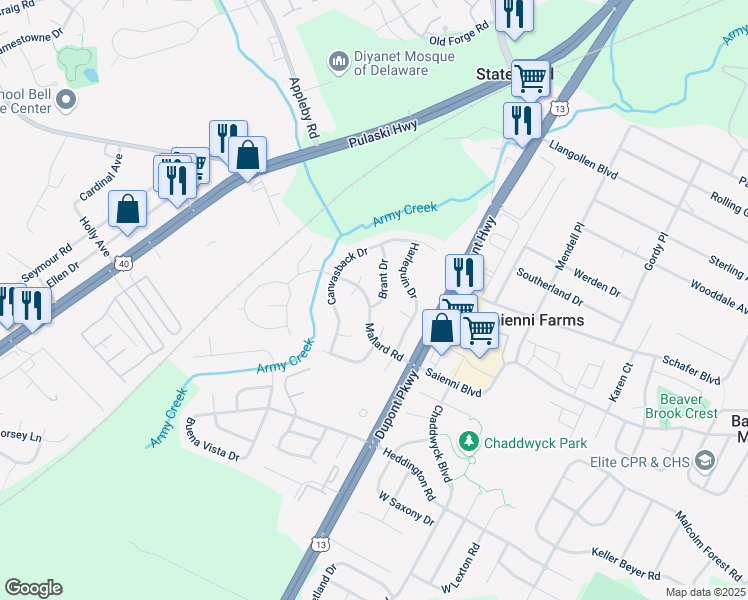 map of restaurants, bars, coffee shops, grocery stores, and more near 809 Brant Drive in New Castle
