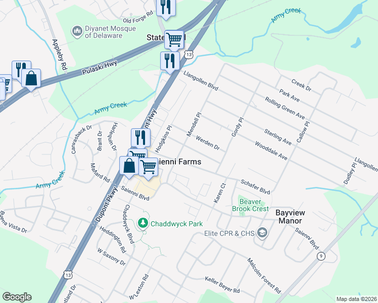 map of restaurants, bars, coffee shops, grocery stores, and more near 212 Southerland Drive in New Castle