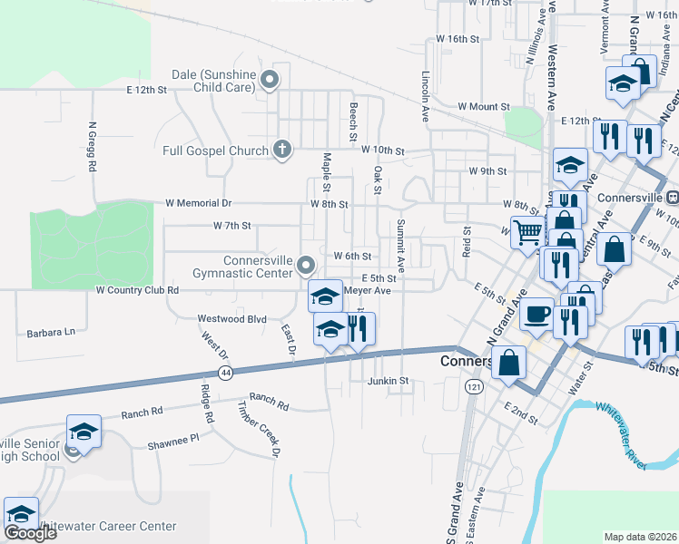 map of restaurants, bars, coffee shops, grocery stores, and more near 914 West 5th Street in Connersville