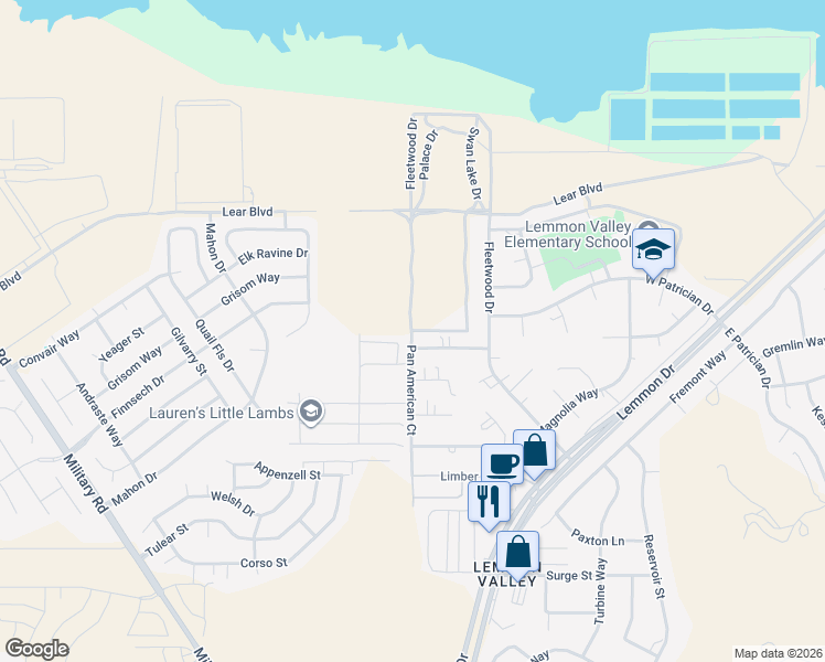 map of restaurants, bars, coffee shops, grocery stores, and more near 9598 Fleetwood Dr in Reno