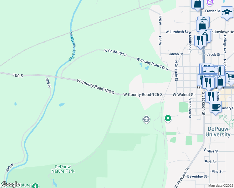 map of restaurants, bars, coffee shops, grocery stores, and more near 1400 West Walnut Street in Greencastle