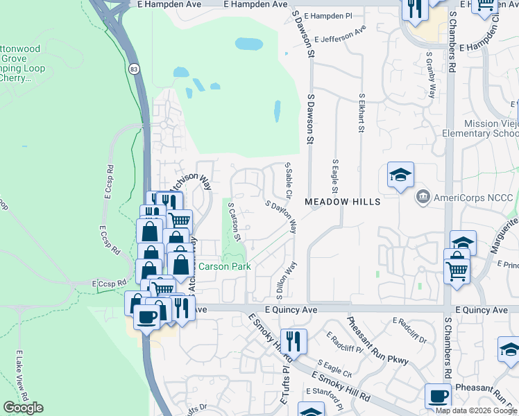 map of restaurants, bars, coffee shops, grocery stores, and more near 4045 South Dillon Way in Aurora