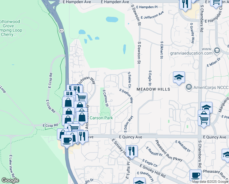 map of restaurants, bars, coffee shops, grocery stores, and more near 4045 South Dillon Way in Aurora