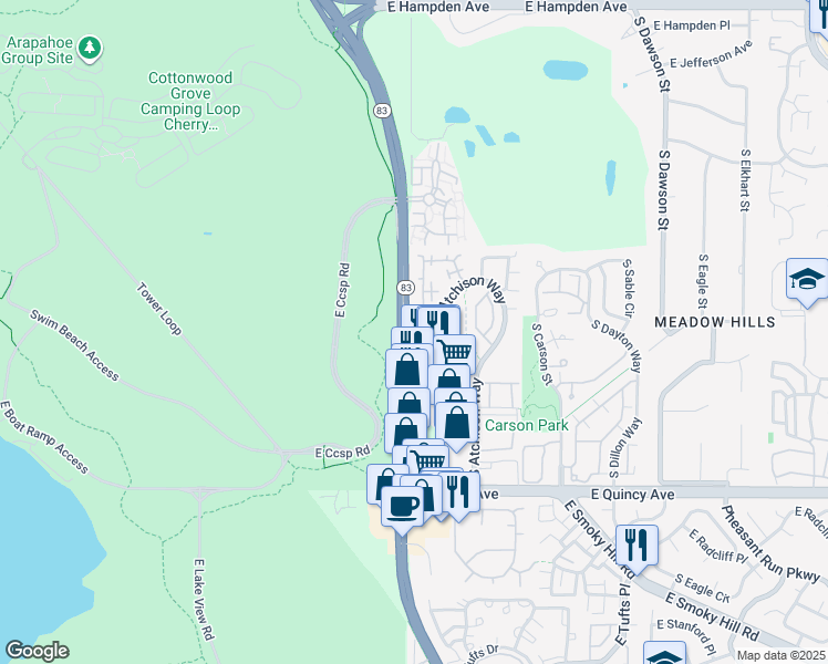map of restaurants, bars, coffee shops, grocery stores, and more near 3807 South Atchison Way in Aurora