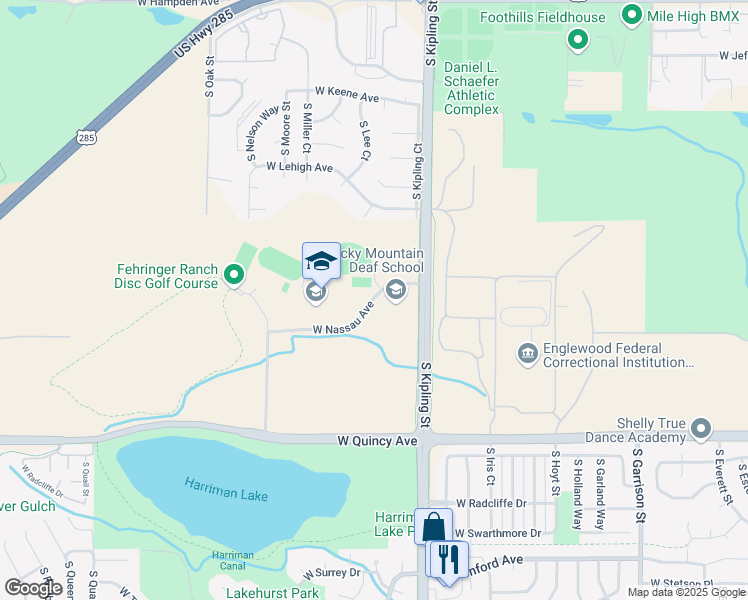map of restaurants, bars, coffee shops, grocery stores, and more near 10305 West Nassau Avenue in Denver
