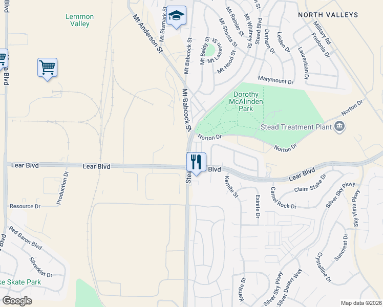 map of restaurants, bars, coffee shops, grocery stores, and more near 13920 Lear Boulevard in Reno