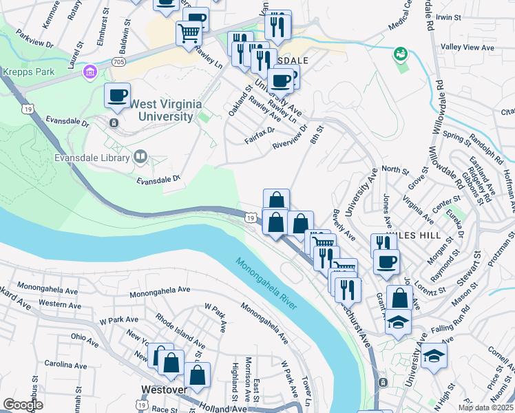 map of restaurants, bars, coffee shops, grocery stores, and more near 826 McLane Avenue in Morgantown