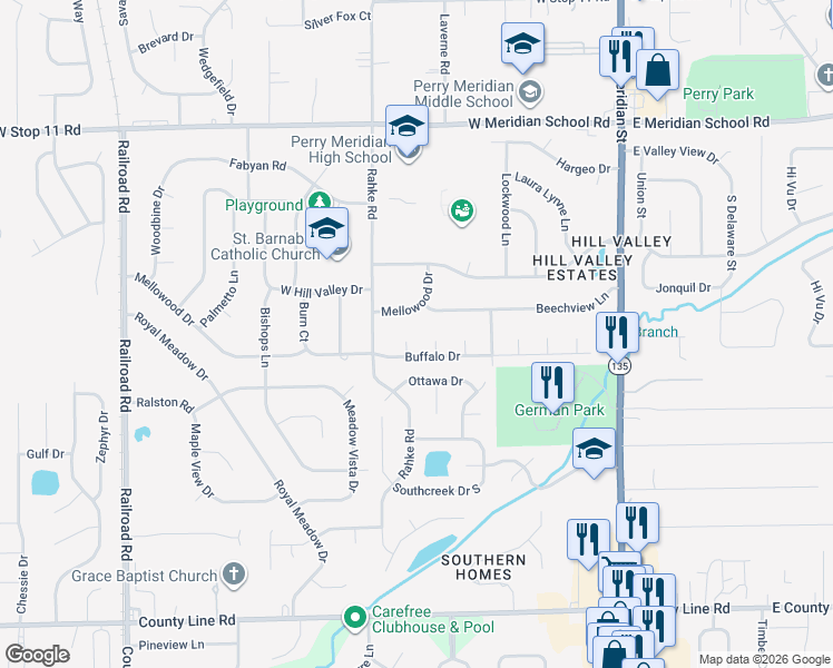 map of restaurants, bars, coffee shops, grocery stores, and more near 8420 Mandan Court in Indianapolis