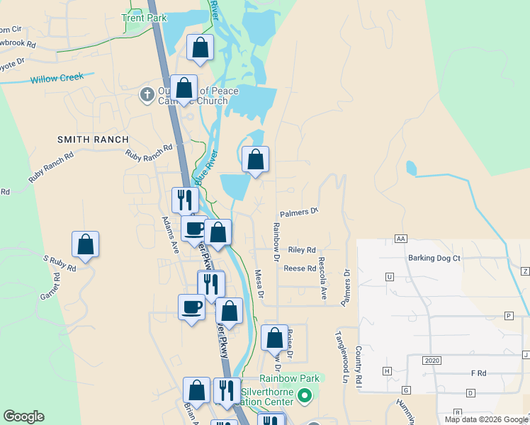 map of restaurants, bars, coffee shops, grocery stores, and more near 343 Willow Lake Court in Silverthorne