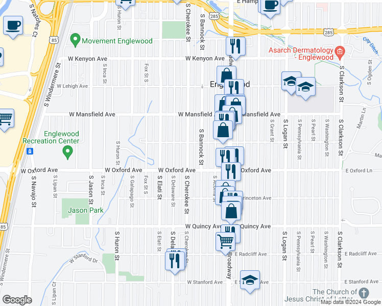 map of restaurants, bars, coffee shops, grocery stores, and more near 4036 South Cherokee Street in Englewood