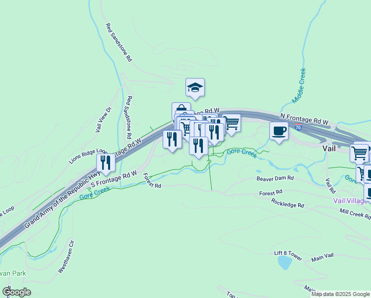 map of restaurants, bars, coffee shops, grocery stores, and more near 684 West Lionshead Circle in Vail