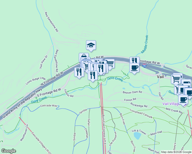 map of restaurants, bars, coffee shops, grocery stores, and more near 675 Lionshead Place in Vail