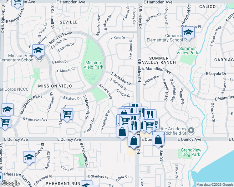 map of restaurants, bars, coffee shops, grocery stores, and more near 4053 South Olathe Court in Aurora