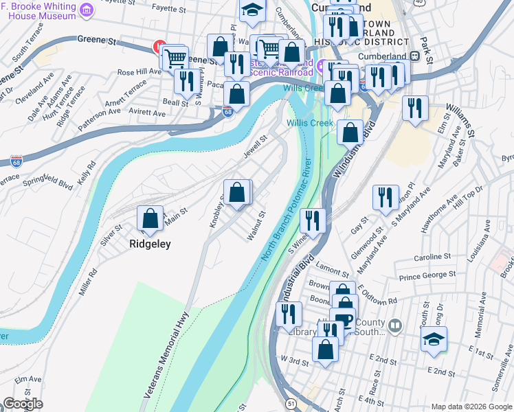 map of restaurants, bars, coffee shops, grocery stores, and more near 27 East Central Avenue in Ridgeley