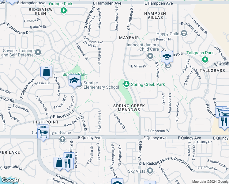 map of restaurants, bars, coffee shops, grocery stores, and more near 4045 South Himalaya Circle in Aurora