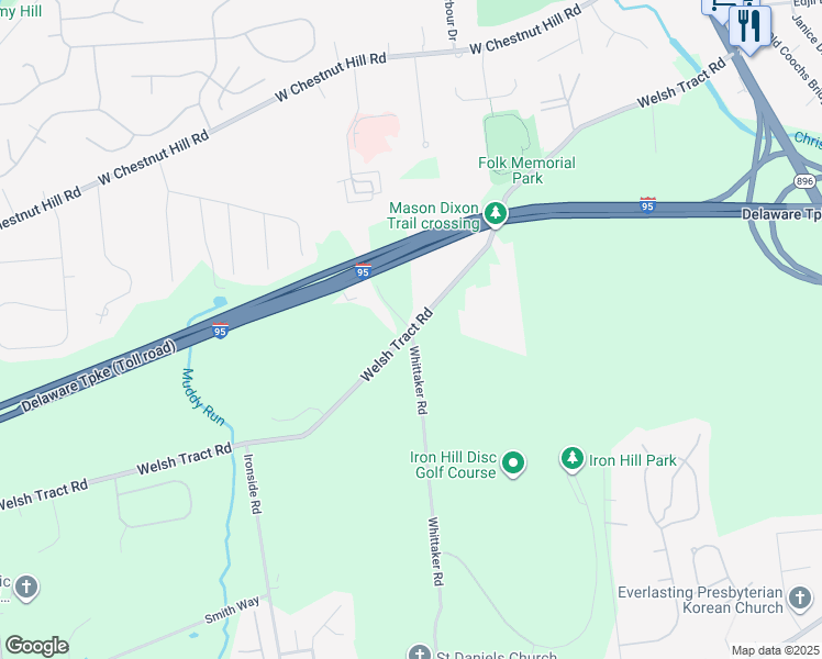 map of restaurants, bars, coffee shops, grocery stores, and more near Welsh Tract Road in Newark