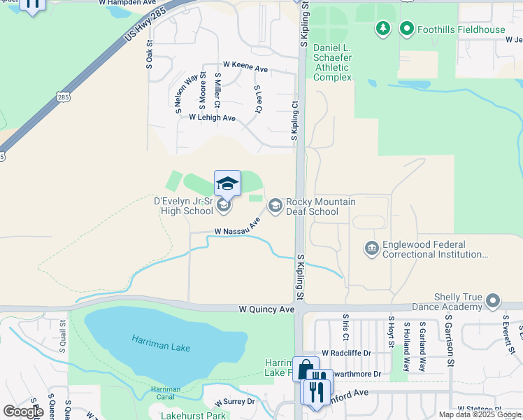 map of restaurants, bars, coffee shops, grocery stores, and more near 10305 West Nassau Avenue in Denver