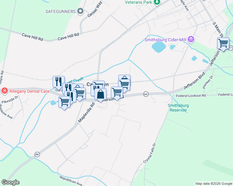 map of restaurants, bars, coffee shops, grocery stores, and more near 22532 Old Georgetown Road in Smithsburg