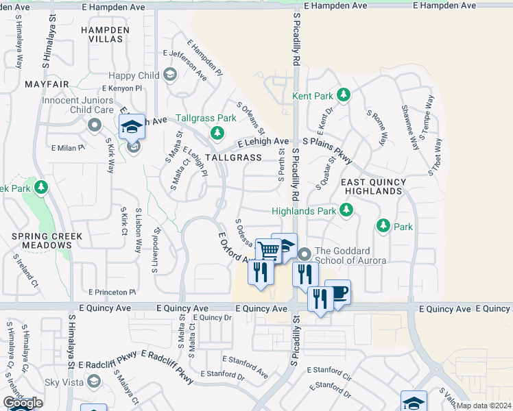 map of restaurants, bars, coffee shops, grocery stores, and more near 4020 South Odessa Circle in Aurora