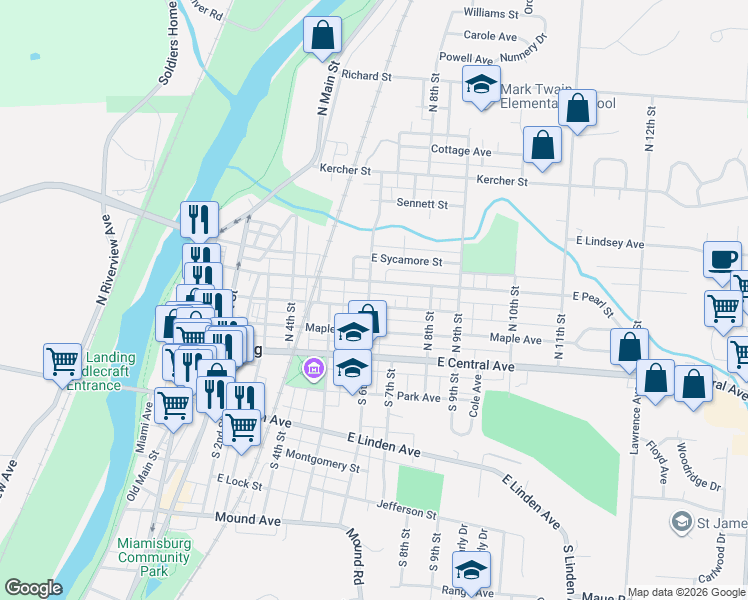 map of restaurants, bars, coffee shops, grocery stores, and more near 527 Buckeye Street in Miamisburg