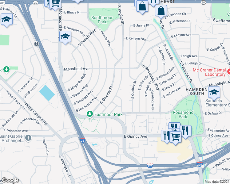 map of restaurants, bars, coffee shops, grocery stores, and more near 4043 South Olive Street in Denver
