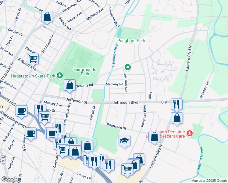 map of restaurants, bars, coffee shops, grocery stores, and more near 712 Interval Road in Hagerstown