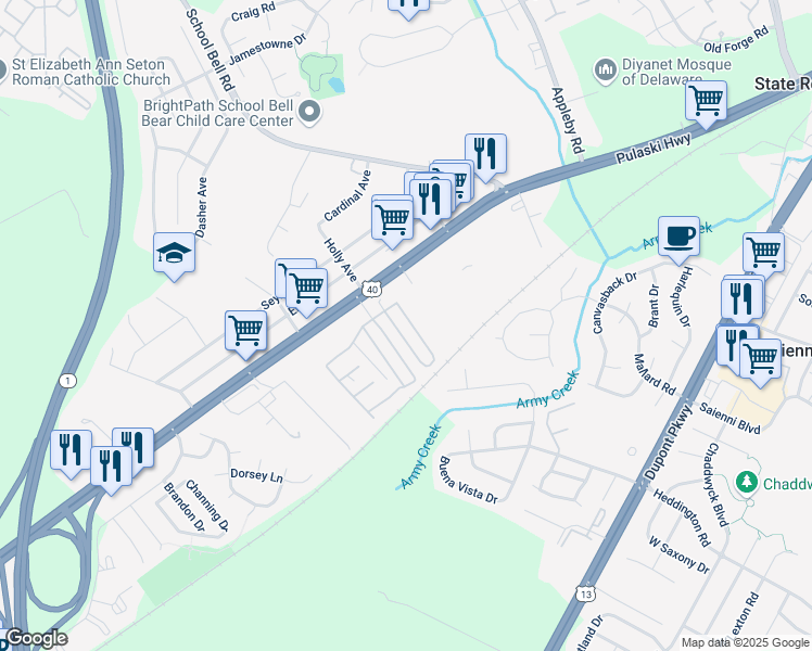 map of restaurants, bars, coffee shops, grocery stores, and more near 734 Pulaski Highway in Bear