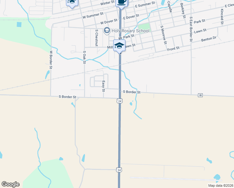 map of restaurants, bars, coffee shops, grocery stores, and more near 106 West South Border Street in Monroe City