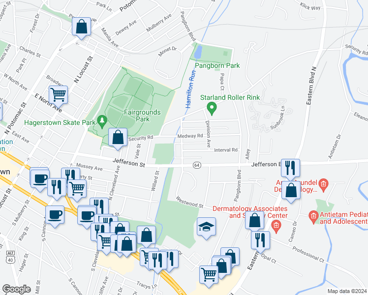 map of restaurants, bars, coffee shops, grocery stores, and more near 328 Brookline Avenue in Hagerstown