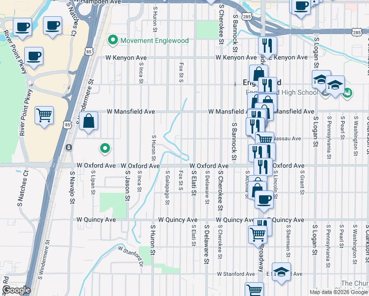 map of restaurants, bars, coffee shops, grocery stores, and more near 4025 South Elati Street in Englewood
