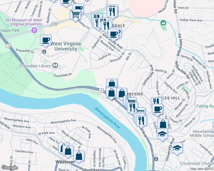 map of restaurants, bars, coffee shops, grocery stores, and more near 826 McLane Avenue in Morgantown