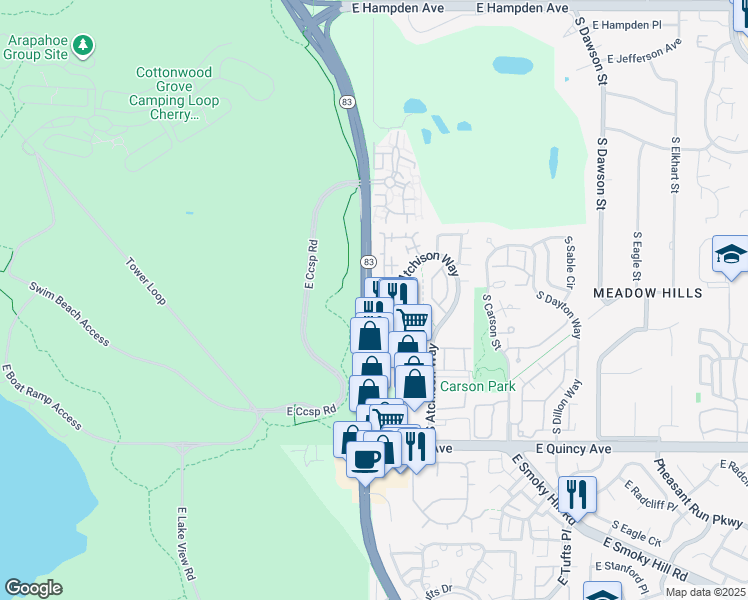 map of restaurants, bars, coffee shops, grocery stores, and more near 3807 South Atchison Way in Aurora