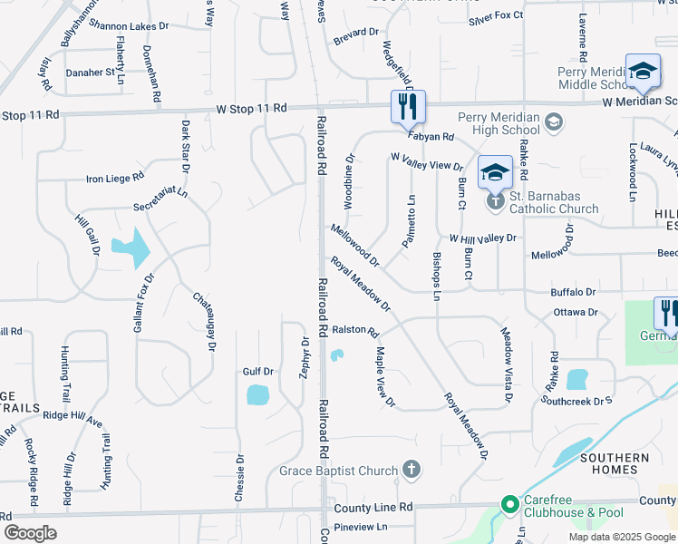 map of restaurants, bars, coffee shops, grocery stores, and more near 8441 Royal Meadow Drive in Indianapolis