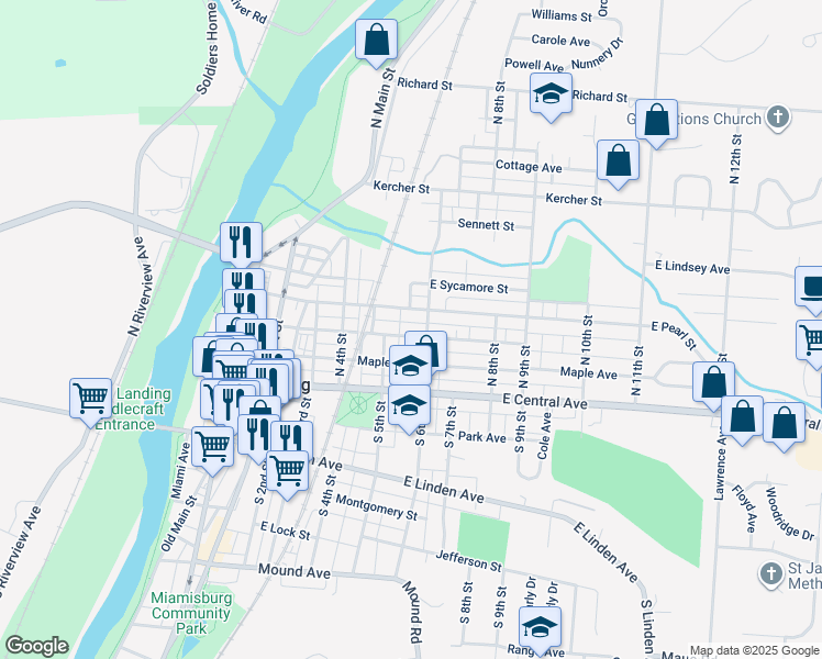 map of restaurants, bars, coffee shops, grocery stores, and more near 527 Buckeye Street in Miamisburg