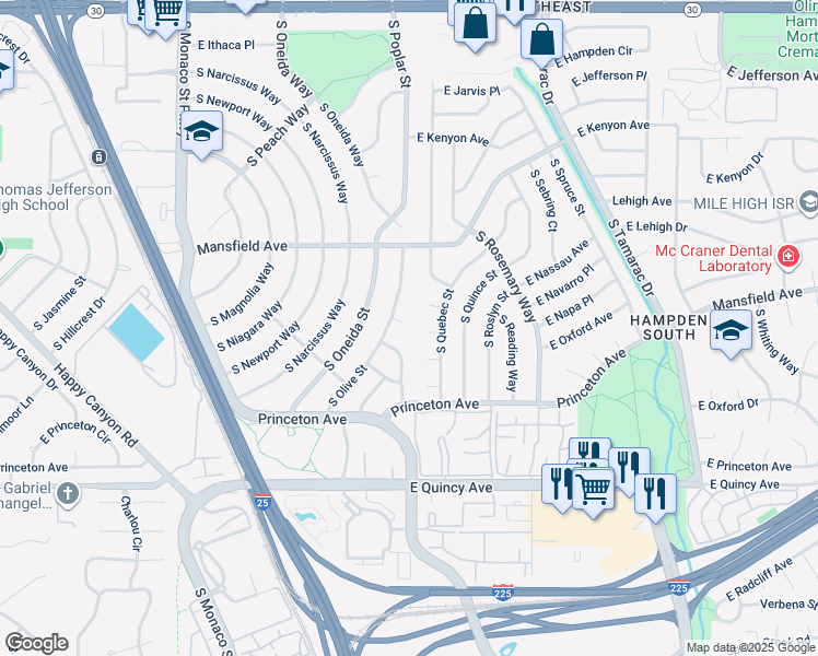 map of restaurants, bars, coffee shops, grocery stores, and more near 4012 South Olive Street in Denver