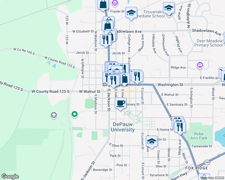 map of restaurants, bars, coffee shops, grocery stores, and more near 15 West Walnut Street in Greencastle