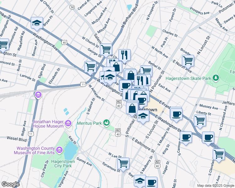map of restaurants, bars, coffee shops, grocery stores, and more near 131 West Washington Street in Hagerstown