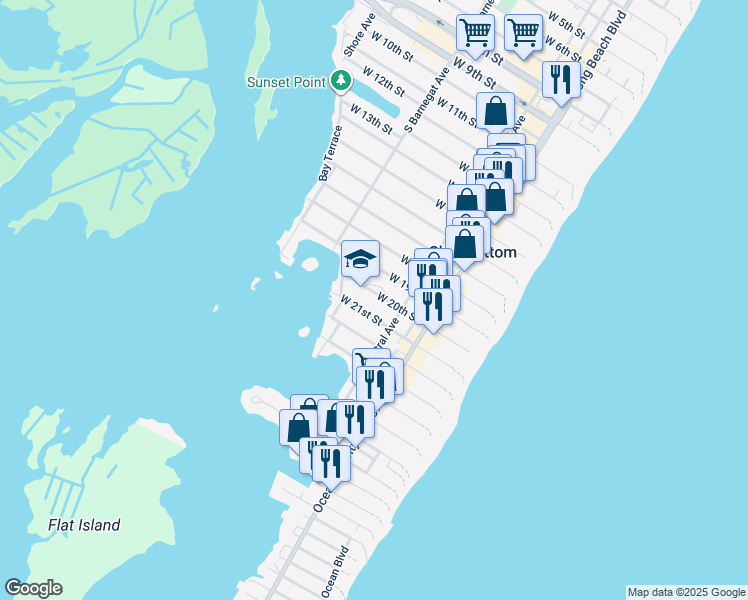 map of restaurants, bars, coffee shops, grocery stores, and more near 224 West 20th Street in Ship Bottom