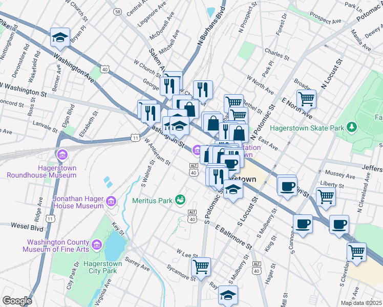 map of restaurants, bars, coffee shops, grocery stores, and more near 131 West Washington Street in Hagerstown