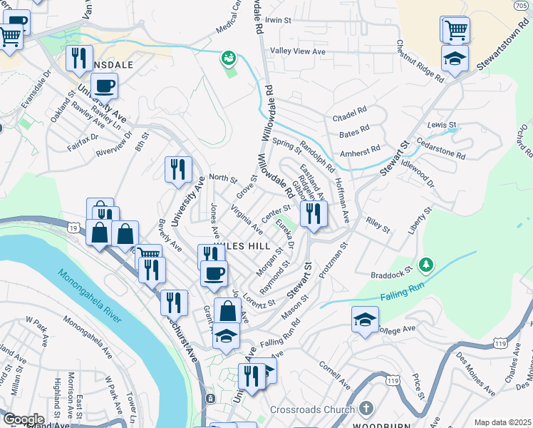 map of restaurants, bars, coffee shops, grocery stores, and more near 529 Center Street in Morgantown