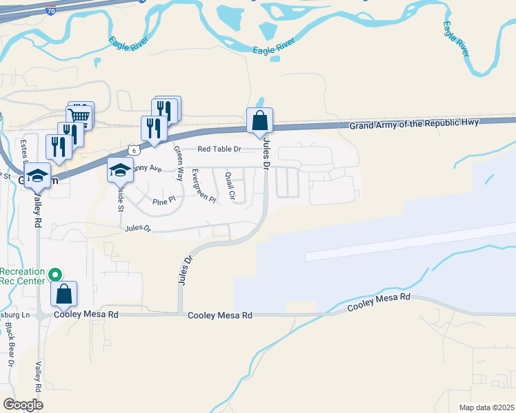map of restaurants, bars, coffee shops, grocery stores, and more near 127 Jules Drive in Gypsum