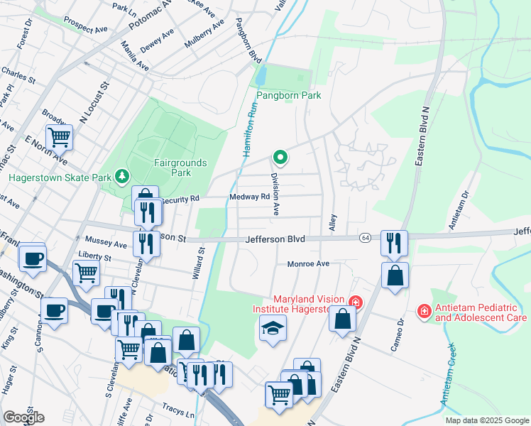 map of restaurants, bars, coffee shops, grocery stores, and more near 734 Interval Road in Hagerstown