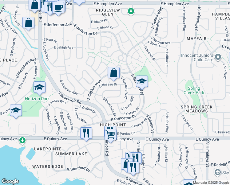 map of restaurants, bars, coffee shops, grocery stores, and more near 3997 South Espana Way in Aurora