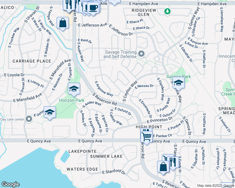map of restaurants, bars, coffee shops, grocery stores, and more near 19000 East Napa Drive in Aurora