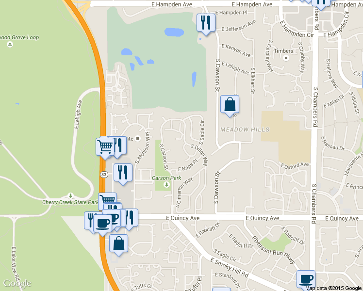 map of restaurants, bars, coffee shops, grocery stores, and more near 4045 South Dillon Way in Aurora