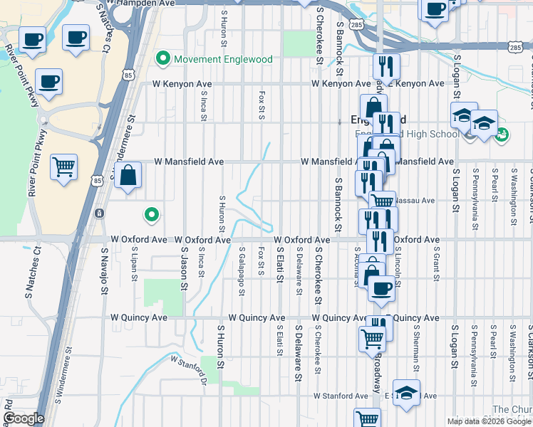 map of restaurants, bars, coffee shops, grocery stores, and more near 4025 South Elati Street in Englewood