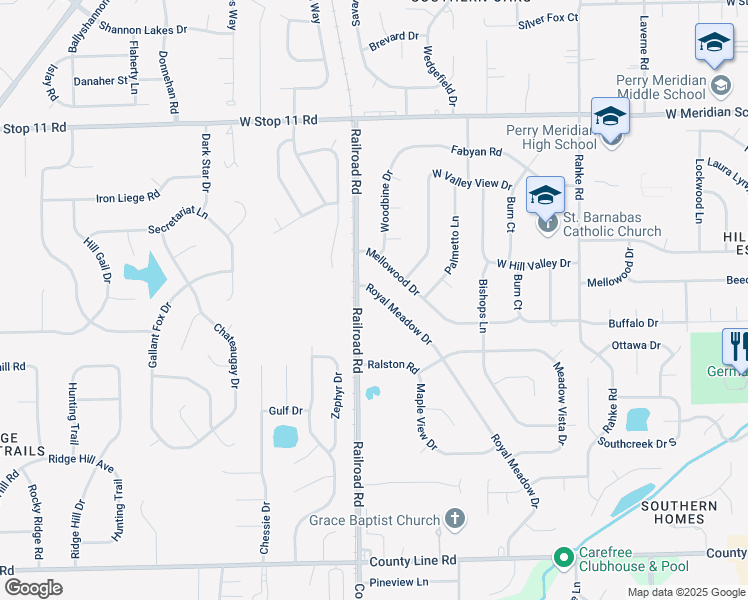 map of restaurants, bars, coffee shops, grocery stores, and more near 8441 Royal Meadow Drive in Indianapolis