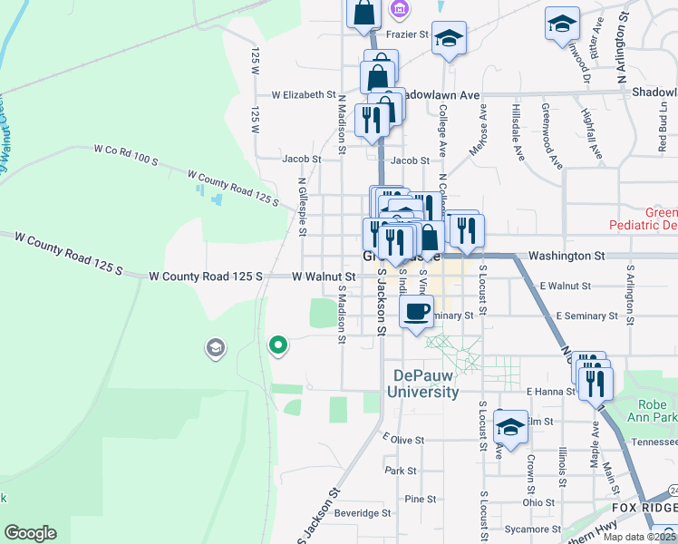 map of restaurants, bars, coffee shops, grocery stores, and more near 311 West Walnut Street in Greencastle