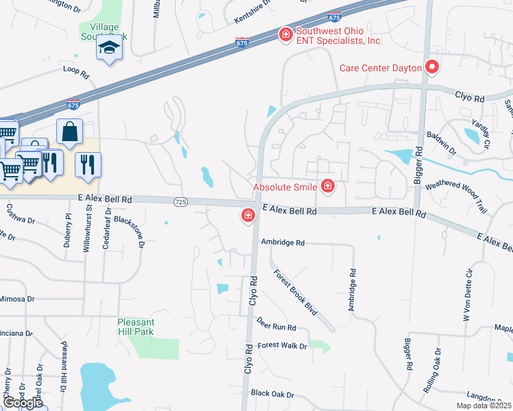 map of restaurants, bars, coffee shops, grocery stores, and more near E Alex Bell Rd & Clyo Rd in Centerville