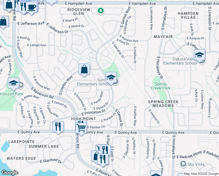 map of restaurants, bars, coffee shops, grocery stores, and more near 19793 East Navarro Place in Aurora